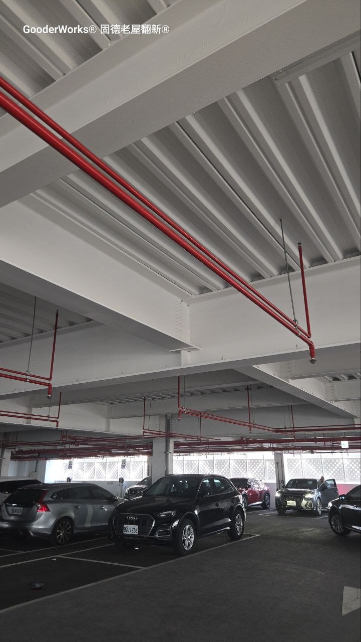 現代建築停車場內部結構:白色 H 型鋼樑與鋼浪板樓板組成的組合樓板,紅色消防灑水管線沿樑底延伸